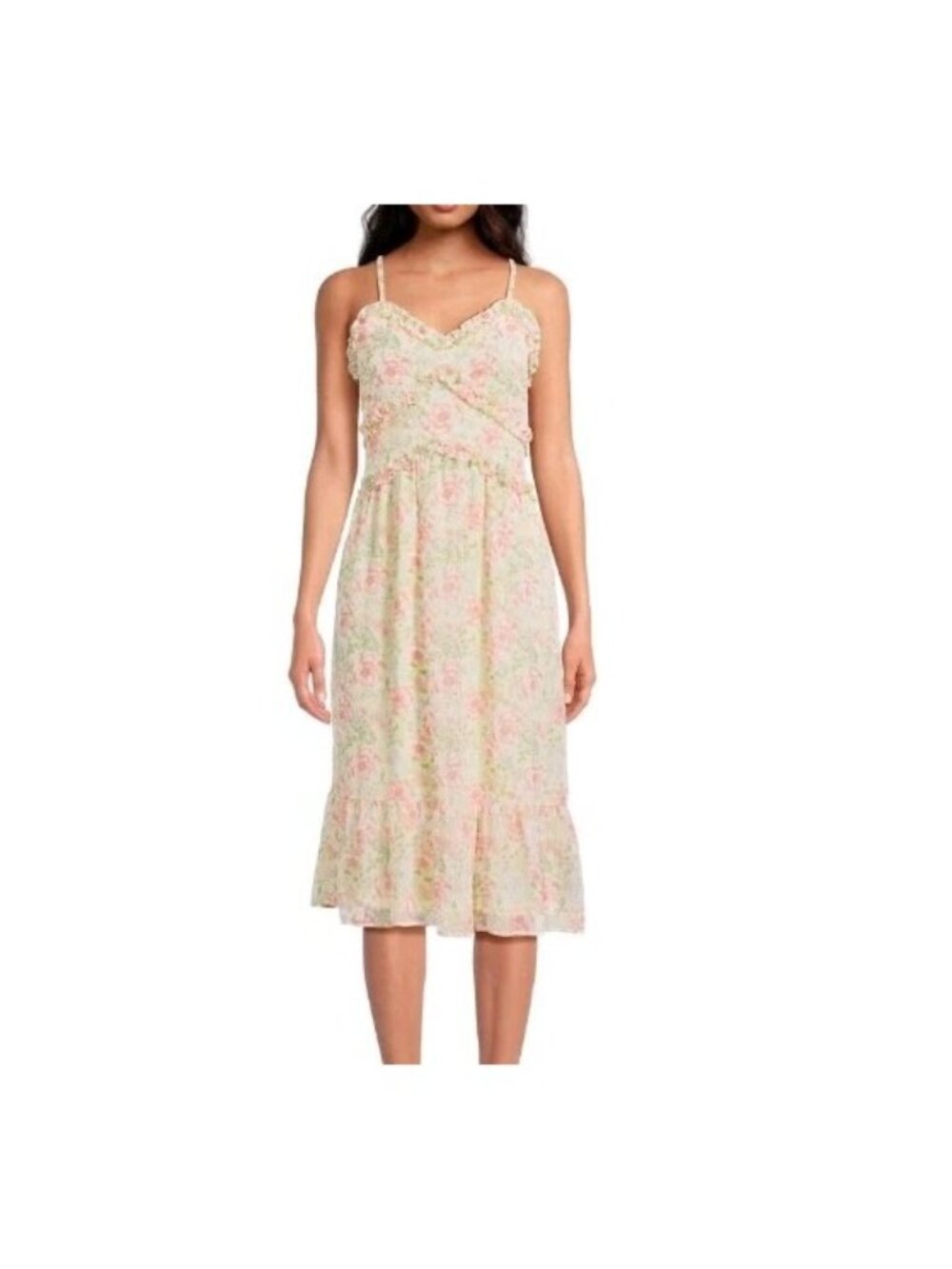 ​No Boundaries Floral Maxi Dress XS Pink Yellow Ruffle Tiered Cottagecore Chiffo